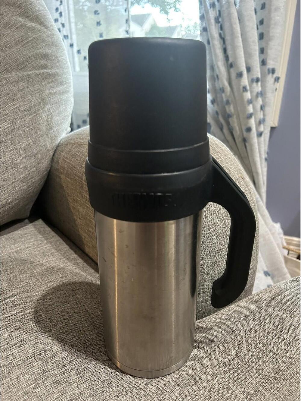 Thermos Brand Metal Thermos With Lid Handle 11 Inches Tall Hot/ Cold